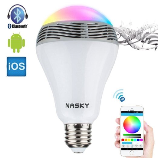 NASKY Wireless Bluetooth 4.0 Speaker E27 LED Light Lamp Bulb Smartphone Controlled Dimmable Multicolored Color Changing Lights