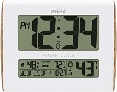 La Crosse Technology 513-1919-INT Digital Atomic Wood Sided Wall Clock with Temperature and Indoor Humidity, 9.52" L x 1.02" W x 7.55" H, White