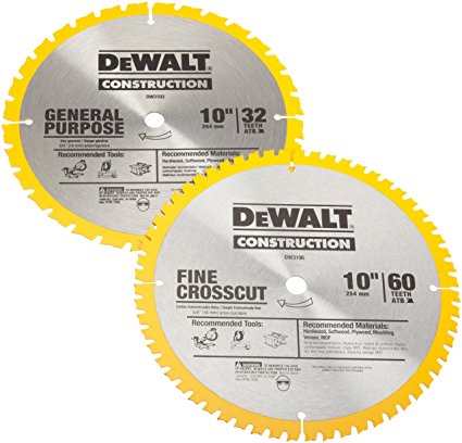 DEWALT DW3106P5 60-Tooth Crosscutting and 32-Tooth General Purpose 10-Inch Saw Blade Combo Pack