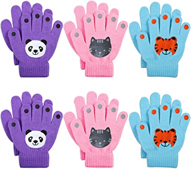 Cooraby 6 Pairs Kids Warm Magic Gloves Winter Stretchy Knit Gloves for Boys Girls