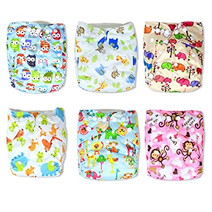InnooBaby Premium Baby Cloth Pocket Diapers Unisex Prints, 6 All-in -One -Size Diapers with 12 Inserts, Absorbent and No Leaks, Soft for Skin, Reusable and Washable