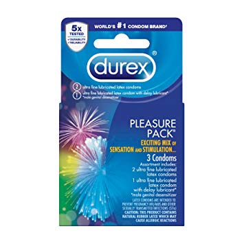 Durex Condom Pleasure Pack Assorted Natural Latex Condoms, 3 Count - An exciting mix of sensation and stimulation