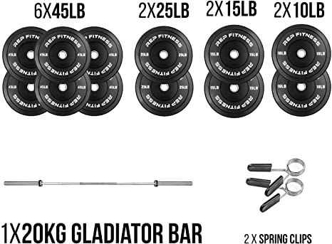 Rep Bar and Black Bumper Plate Package, Weight Set for Strength and Conditioning, Cross-Training and Olympic Weightlifting