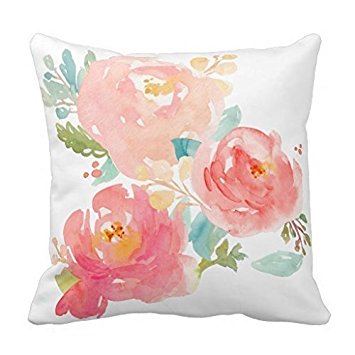 Peonies Summer Bouquet Watercolor Pastel Accent Throw Pillow Case 18x18" Sofa Cushion Cover