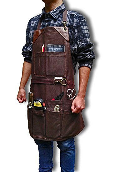 BEST CHOICE Heavy Duty Waterproof All-Purpose Apron - Workshop Waxed Canvas - 11x Pockets & 2 Shackles for Accessories & Tools - Totally Adjustable Neck and Waist Strap - Size S-XXL for Men & Women.