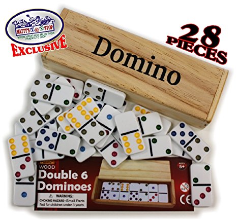 Deluxe Double Six (6) Color Dot, White Dominoes 28 Piece Set in Wooden Case