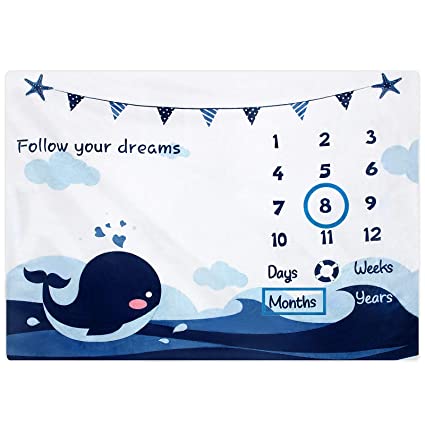 Baby Monthly Milestone Blanket First Month Baby Whale Blanket with 24 Stickers for Baby Boy Girl Newborn Flannel Marine Blanket for Baby Photography Background Props Growth Recording (51 x 43 Inch)