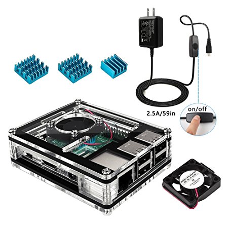 Miuzei Case for Raspberry Pi 3 with Fan Cooling and 3×Aluminum Heatsinks,5V 2.5A Power Supply,USB Cable with On/Off Switch for RPi 3 2 3b 2b