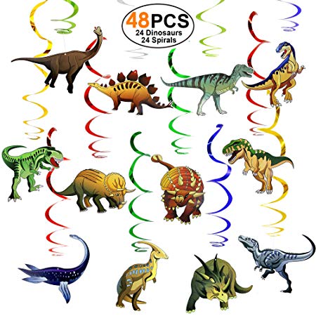 Dinosaur-Party-Supplies-Birthday-Decorations 48 PCS Hanging Swirl (24 Dinosaurs 24 Spirals) Ceiling Decor Swirls for Kids Boys Girls