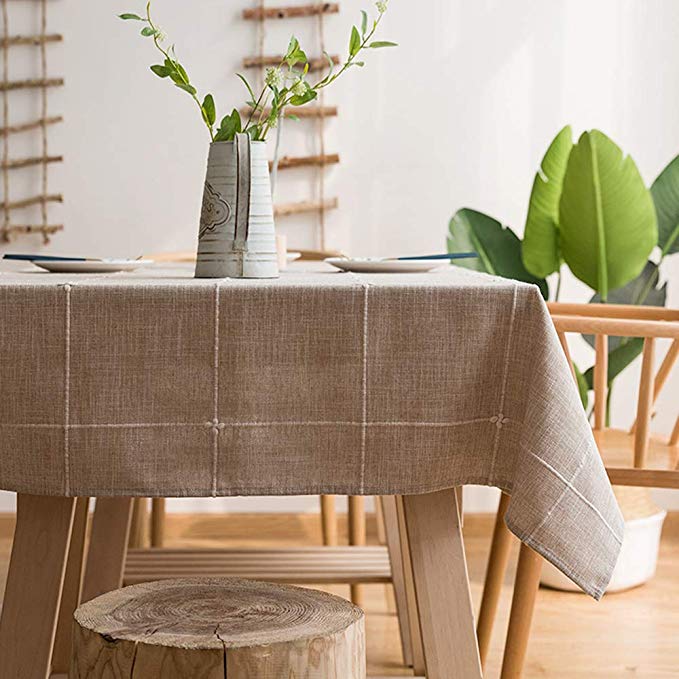 LINENLUX Striped Cotton Linen Tablecloth/Table Cover with Tassel Coffee Grid Rectangle/Oblong 55 X 70 in