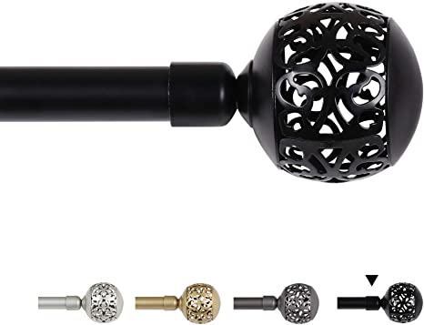 H.VERSAILTEX Window Treatment Single Curtain Rod Set Telescoping Curtain Rod with Carved Hollow Ball Finials, Adjustable Length from 48 to 84-Inch, 3/4 Inch Diameter, Black