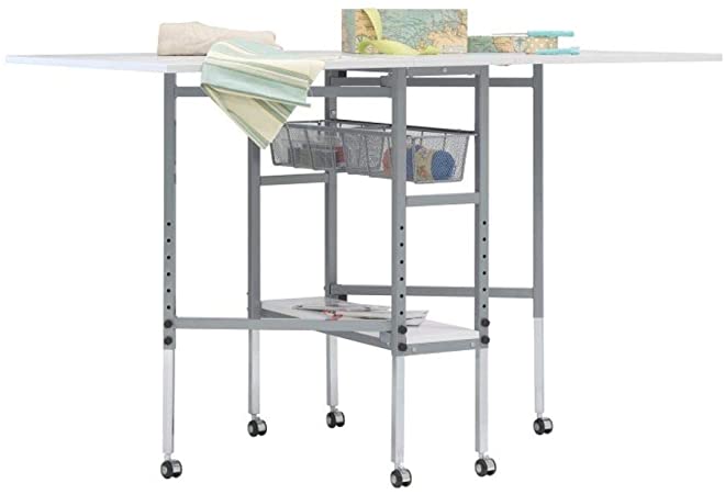 Offex Rolling Folding Height Adjustable Quilting Fabric Cutting Table with Sewing Board Grid and Guides Top, Storage in Silver/White Top