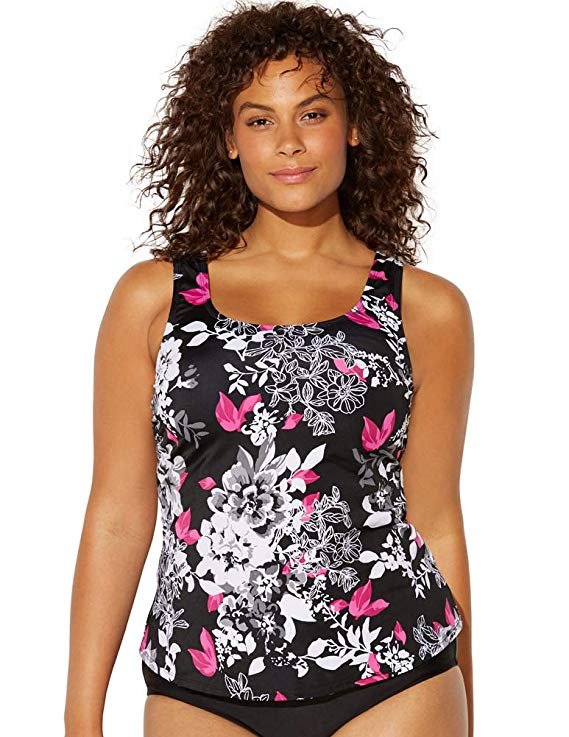 Swimsuits for All Women's Plus Size Black Pink Floral Tankini Top