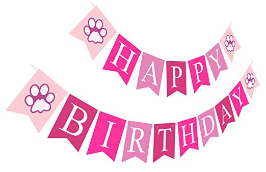 Puppy Happy Birthday Banner | Girl Birthday Sign | Paper Card Stock Bday Party Decoration - Pink