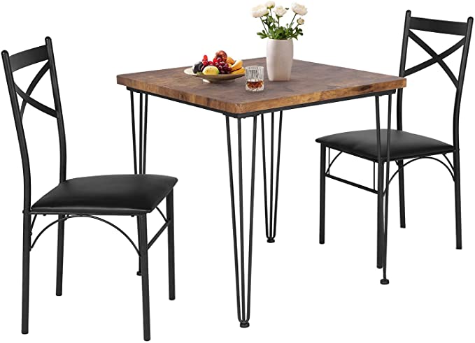 VECELO Modern Industrial Style 3-Piece Dining Room Kitchen Table and Pu Cushion Chair Sets for Small Space, 2, Retro Brown and Black