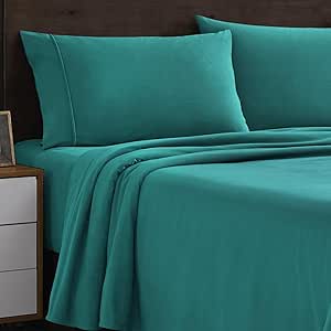 Flannel Sheets Queen Size Warm and Cozy Deep Pocket Breathable All Season Bedding Set with Fitted with Full Elastic & Built in Corner Sheet Straps, Flat and Pillowcases, Queen, Teal