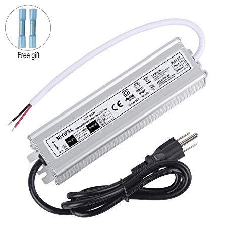 LED Driver 60 Watts Waterproof IP67 Power Supply Transformer Adapter 100V-265V AC to 12V DC Low Voltage Output with 3-Prong Plug 3.3 Feet Cable for LED Light, Computer Project, Outdoor Light