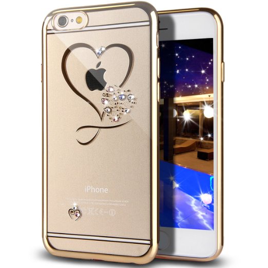 iPhone 7 Case,iPhone7 Case,ikasus Mini Love Heart Glitter Bling Crystal Rhinestone Diamonds Clear Rubber Golden Electroplate Plating Frame TPU Soft Silicone Bumper Case Cover for iPhone 7 4.7"