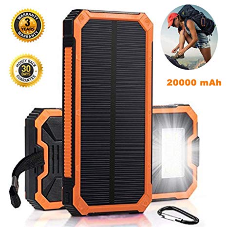 Solar Charger Battery Bank Solar Phone Charger 20000mah Solar USB Charger LED Light Solar Power Bank Portable Solar Power Bank Waterproof Solar Phone Charger Battery Pack Solar Phone Charger Orange