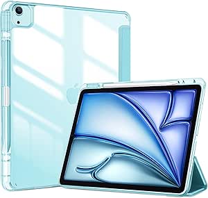 ProCase for iPad Air 13 Inch Case 2024 M2 with Pencil Holder, iPad Air 2024 13 Inch Case Clear Transparent Back, iPad Air M2 13 Cover Shockproof Smart Folio, Auto Wake/Sleep -Blue