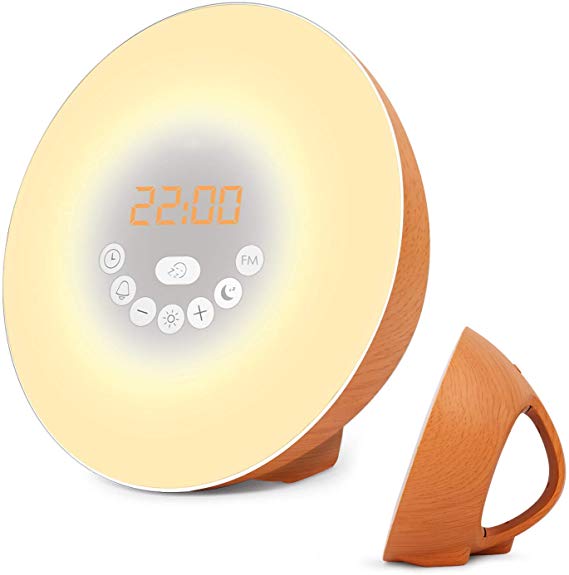 Sunrise Alarm Clock, Wake Up Light with 7 Colored Sunrise Simulation & Sleep Aid Feature, FM Radio, 6 Natural Sound and Snooze for Kids Adults Bedrooms (Brown-Wood)