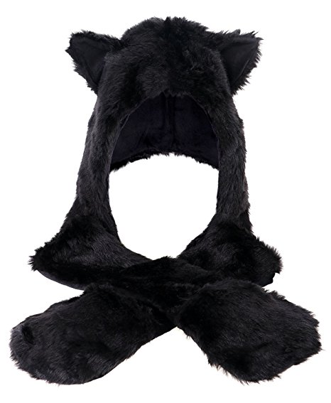Winter Warm Plush Faux Fur Animal Paws Hat Hoods Gloves Scarf