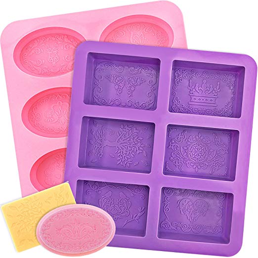 YGEOMER Silicone Soap Mold, 2pcs 6-Cavity Square and Oval Baking Molds for Making Soaps, Ice Cubes, Jelly (Purple & Pink, Square & Oval)