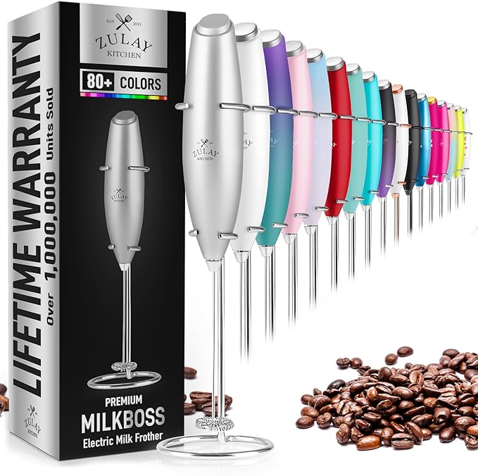 Zulay Powerful Milk Frother Handheld Foam Maker for Lattes - Whisk Drink Mixer for Coffee, Mini Foamer for Cappuccino, Frappe, Matcha, Hot Chocolate by Milk Boss - Silver