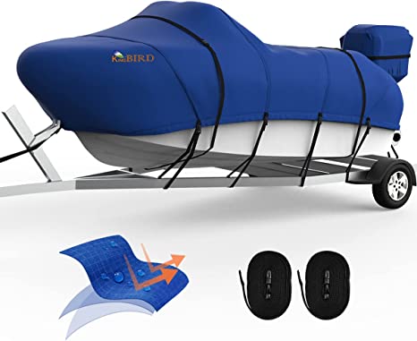 KING BIRD Heavy Duty Boat Cover, 600D Anti-Fade Marine Grade Oxford，Fits V-Hull, Tri-Hull, Runabout Boat Cover-Waterproof Trailerable Anti-UV with Adjustable 2 Tie-Down Straps & Motor Cover