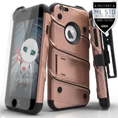 Zizo Dual Layer Military Grade Kickstand Bolt Holster Cover with 9H Tempered Glass Screen Protector for iPhone 6/ 6s - Rose Gold/ Black