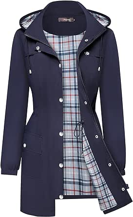 Bloggerlove Waterproof Rain Jacket Women Lightweight Rain Coat Long Outdoor Windbreaker Plaid Lined Hooded Trench Coats S-XXL