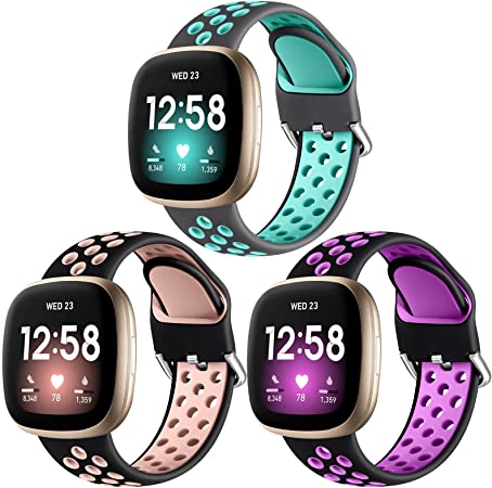 Getino Compatible with Fitbit Versa 3 Bands Fitbit Sense Bands Women Men, Breathable Soft Replacement Sport Silicone Band Accessories Strap with Air Holes, Small Blackpink/ Blackplum/ Grayteal
