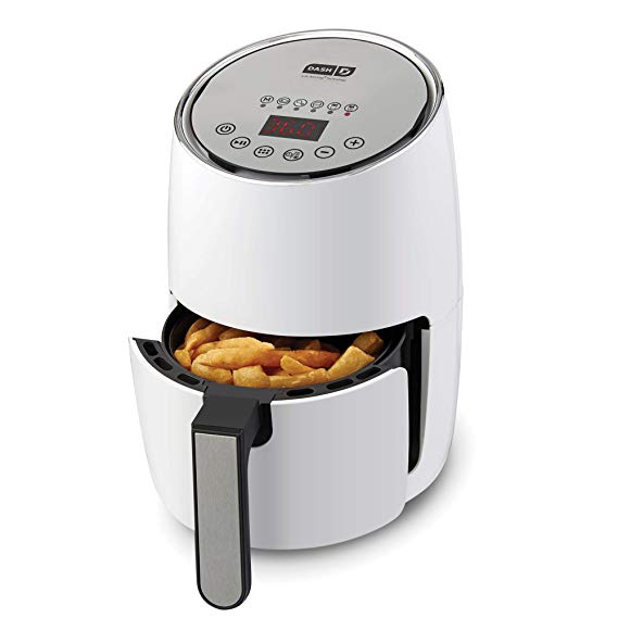 DASH Compact Electric Air Fryer   Oven Cooker with Digital Display, Temperature Control, Non Stick Fry Basket, Recipe Guide   Auto Shut Off Feature, 1.6 L, up to 2 QT, White