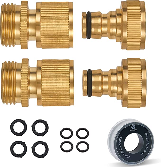 Morvat All Brass Garden Hose Quick Connect Quick Disconnect Water Hose Fittings Garden Hose Quick Connect Fittings Water Hose Quick 3/4 Inch Garden Hose Connector Female and Male Quick Release, 2 Sets