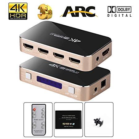 HDMI Switch with Audio Extractor, 4K@60Hz 4 Port 4 in 1 Out HDMI Switcher with Optical TOSLINK SPDIF, 3.5mm Audio Jack Support ARC Function, 1080P @120Hz, 4Kx2K@60Hz HDTV (IR Wireless Remote Control)