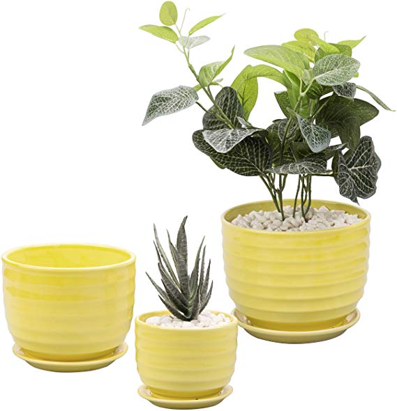 Set of 3 Small to Medium Sized Round Modern Ceramic Garden Flower Pots, Yellow