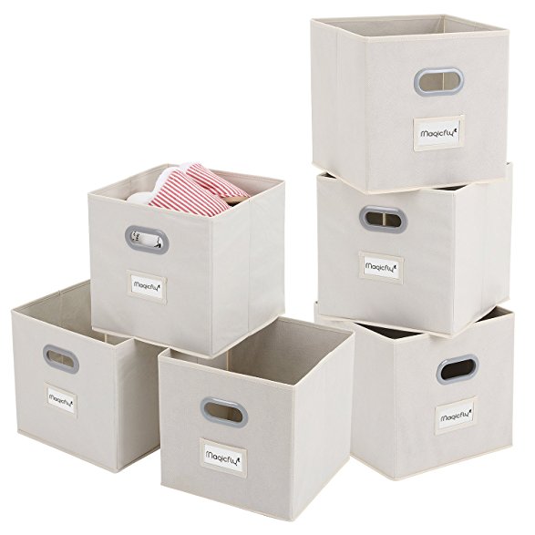 Cloths Storage Bins with Label Holders, Magicfly 6 Pack Fodable Fabric Cube Organizers with Dual Handles for Closet, Books, Socks, 12", Beige