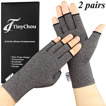 Tiny Chou 2 Pairs Arthritis Gloves for Women & Men - Compression Gloves for Arthritis Pain Relief - Rheumatoid & Osteoarthritis,Fingerless Gloves for Women (Gray, Medium)