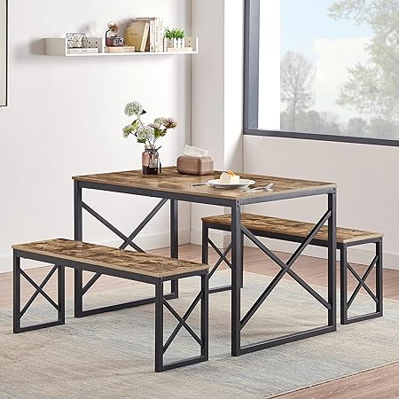 VECELO 43.3 Inch Dining Table Set for 4, Rectangle Dinner Breakfast Dinette with 2 Benches, Thickened Metal Frame & Board, for Kitchen, Living Room, and Small Space, 43.3", Rustic Brown