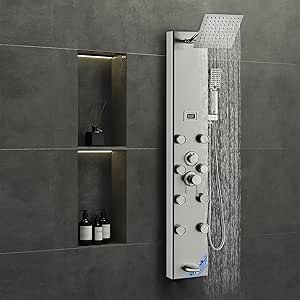 VEVOR Shower Panel System, 6 Shower Modes, Digital Display Shower Panel Tower, Rainfall, 8 Massage Jets, Tub Spout, 3-Setting Handheld Shower Head 59" Hose, Stainless Steel Wall-Mounted Shower Set