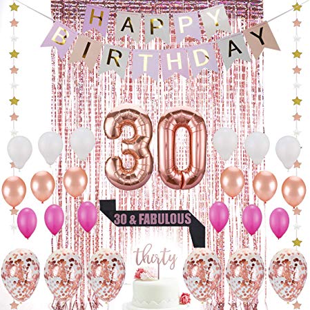 30th Birthday Decorations|30 Birthday Party Supplies|30 Cake Topper Rose Gold |30 & Fabulous Glitter Satin Sash|Rose Gold Confetti Balloons for her| Foil Fringe Curtains for Women 30th Birthday Party