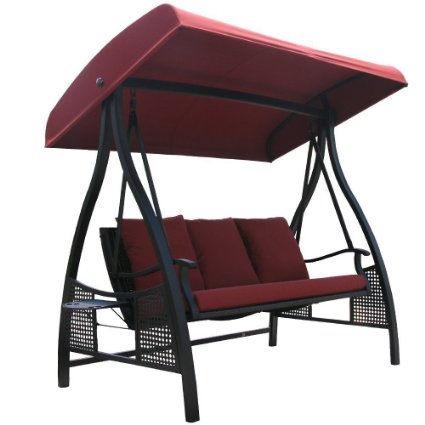 Abba Patio 3 Person Outdoor Metal Gazebo Padded Porch Swing Hammock with Adjustable Tilt Canopy Red