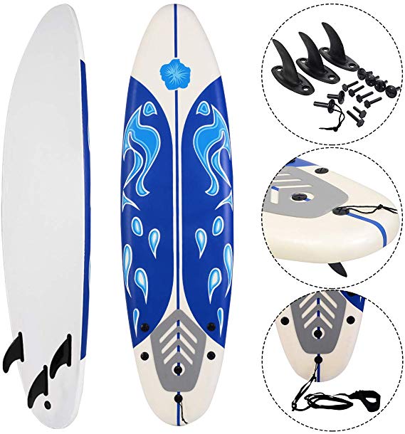 Giantex 6' Surfboard Surfing Surf Beach Ocean Body Foamie Board with Removable Fins, Great Beginner Board for Kids, Adults and Children