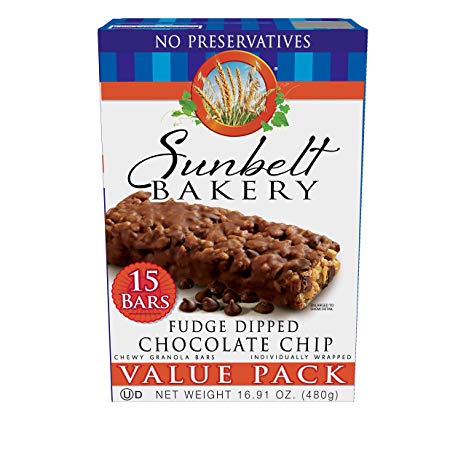 Sunbelt Bakery Fudge Dipped Chocolate Chip Chewy Granola Bars, 1.1 oz Bars, 15 Count