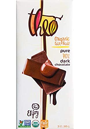Theo Chocolate Organic Pure 70% Dark Chocolate Bar, 3 Ounce Bar, 6 Pack