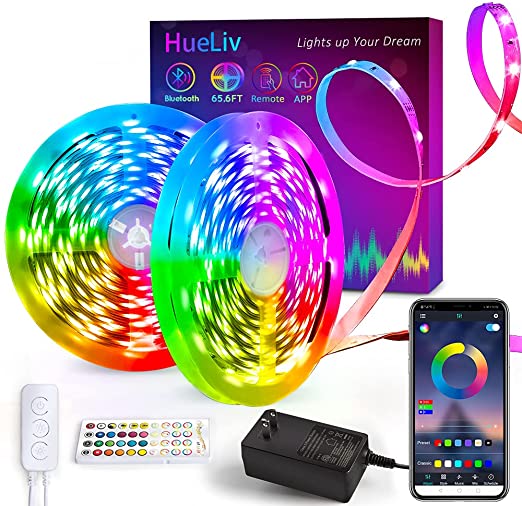 Led Strip Lights, HueLiv 65.6FT/20M Bluetooth, APP Control, Remote, Control Box, 600 LEDs Light Strip, 5050 RGB Music Sync Color Changing LED Lights with 40 Key Remote for Bedroom, Kitchen, Party, TV