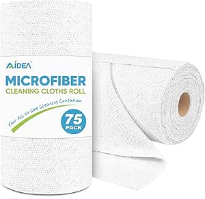 AIDEA Microfiber Cleaning Cloth Roll White-75PK, Microfiber Towels for Cars, Commercial Shop Rags, Tear Away Reusable Paper Towels, Lint-Free Cleaning Rags for House, Kitchen, Automotive-11.5"×11.5"