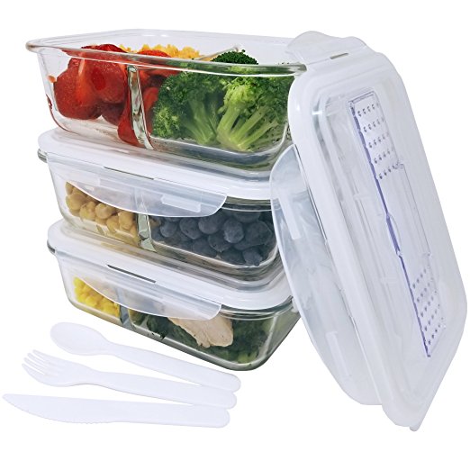 KitchenBasix 2 & 3 Compartments Glass Food Storage Container Set with Airtight Locking Lids, Cutlery Compartment & Portion Control - Microwave, Freezer, Oven & Dishwasher Safe [3-Pack, 32oz]
