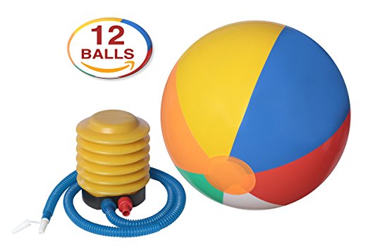 12-Pack of Inflatable Beach Balls with Air Pump Inflator with Flexible Pipe – 14" Inch Colorful Rainbow Balls for Kids - Use as a Swimming Tube / Play Volley Ball / Pool Party Toy - By DG Sports
