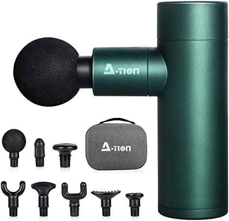Mini Massage Gun, A-TION Fascial Gun Portable Deep Tissue Percussion Muscle Massager for Pain Relief, Super Small & Quiet Handheld Electric Gun with 8 Massage Heads, for On The Go Usage (Green)